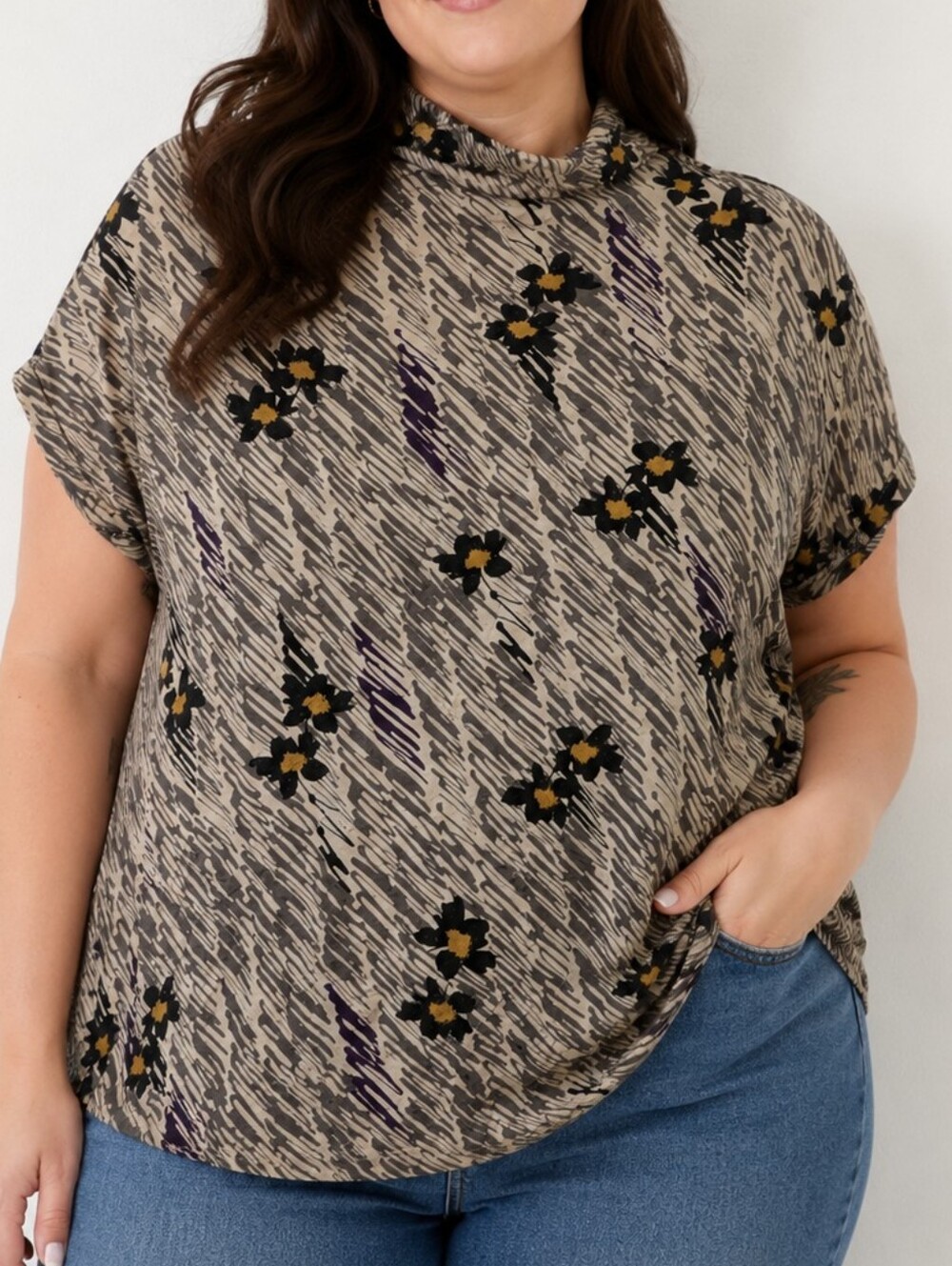 Relativity Women's Mock Neck Floral Print Top | XL | Abstract Vintage-Inspired